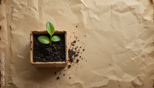 Flat lay of sprouting plant inside eco packaging