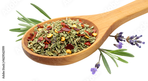 Wooden spoon filled with mixed dried herbs and spices with fresh lavender and rosemary sprigs, natural cooking ingredients for flavorful meals