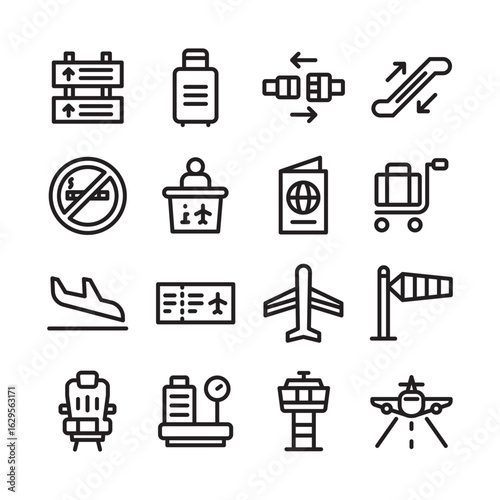 Airport vector line icon set. line icons of planes, arrivals, departures, suitcases, stairs, Wifi, Bags, Terminals, toilets, cafes, parking, smoking, prohibitions etc. Editable use for web
