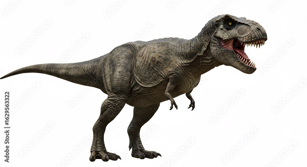 Fototapeta premium Tyrannosaure rugissant puissant lumiere vive fond blanc. AI Generated