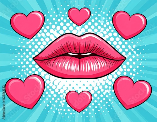 Pop art lips and hearts creating a dynamic, love-infused, vibrant, and playful design