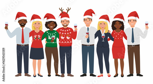 Diverse group of people celebrating Christmas with festive attire and wine.