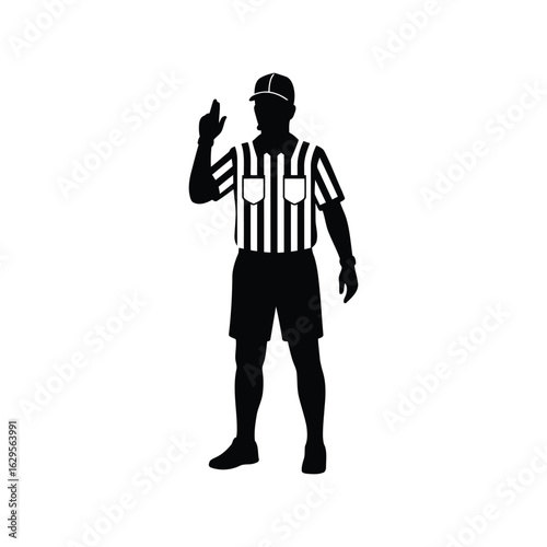 Silhouette of a sports referee in uniform signaling a penalty isolated on white background