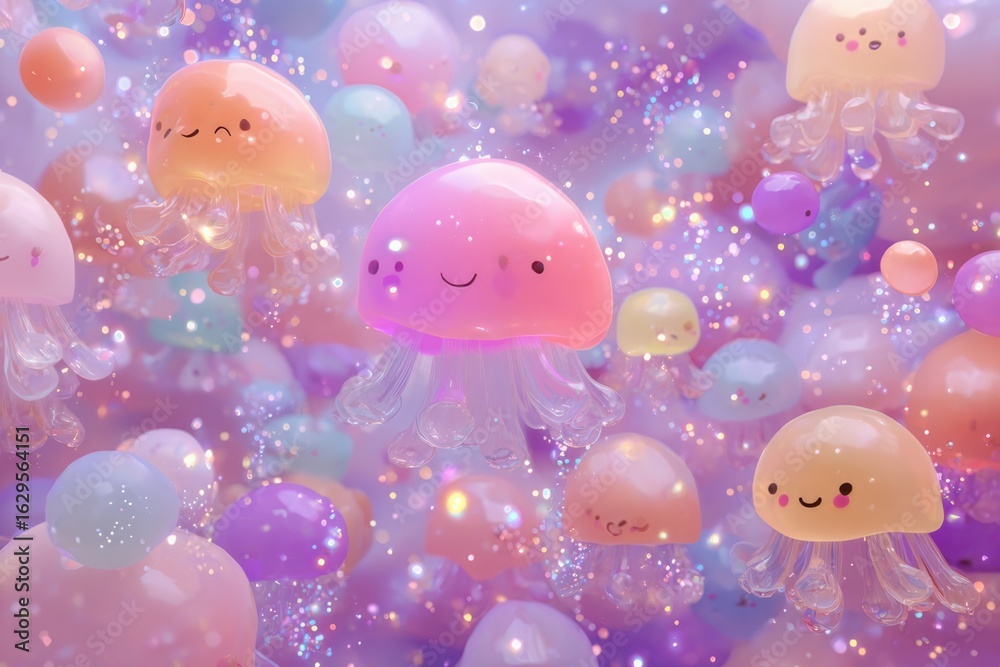Fototapeta premium Abstract cute pastel world with floating jelly like blobs, sparkles, and tiny smiling faces, soft background