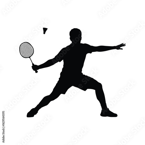 Silhouette of a badminton player in action hitting a shuttlecock isolated on white background