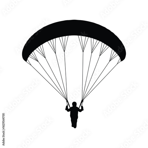 Silhouette of a paraglider descending with a large canopy isolated on white background