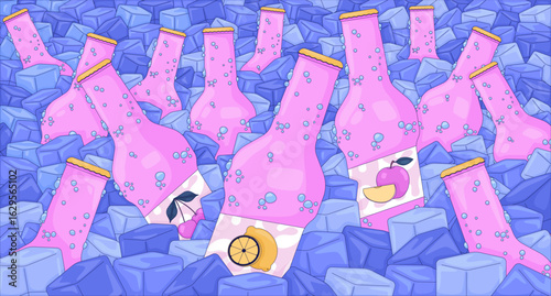 Cold drinks submerged in ice cubes lofi wallpaper. Fizzy soda bottles in lemon, cherry, apple flavors. Cool beverages 2D cartoon flat illustration. Vector art image lo fi aesthetic color background