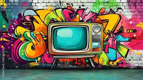 Graffiti style design with retro tv and text slogan creative street art vector