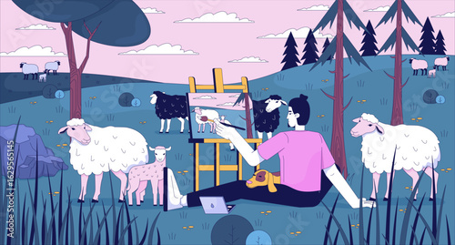 Artist painting sheep in nature lofi wallpaper. Male painter sitting outdoors with dog in lap, rural easel canvas 2D cartoon flat illustration. Vector art image lo fi aesthetic color background