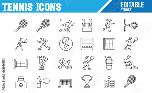  Tennis Icons Collection Featuring Rackets, Players, Balls, and Trophies – Editable Stroke Line Art