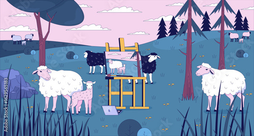Pastoral landscape with sheep and easel flat illustration background. Grazing rural animals across rolling hills with painting on canvas outdoors 2D cartoon backdrop. Colorful scene vector art image
