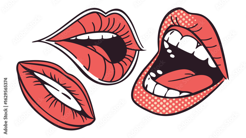 Obraz premium Three stylized red lips in various open positions with black outlines and white teeth visible art