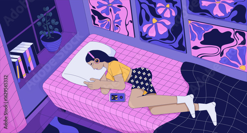 Sleepy lofi girl listening to music in artistic bedroom wallpaper. Young woman curled up in bed with headphones 2D cartoon flat illustration. Vector art image lo fi aesthetic color background