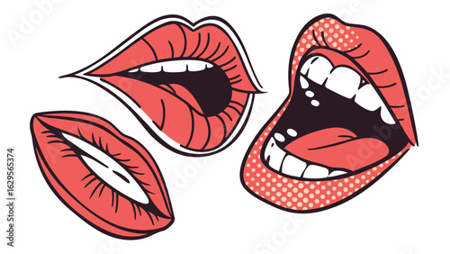 Three stylized red lips in various open positions with black outlines and white teeth visible art