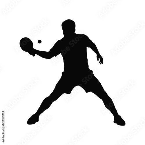Silhouette of a male athlete playing table tennis with a paddle and ball isolated on white background