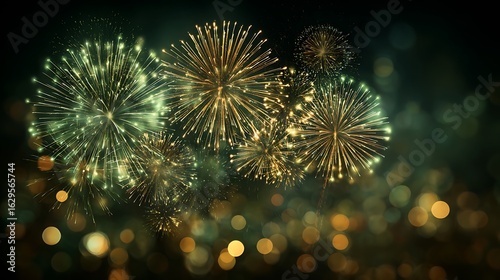 Green and gold vintage fireworks with glowing bokeh lights on festive night background