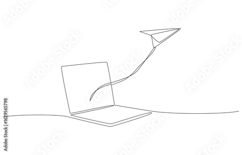 Continuous one line drawing showing a paper plane flying out of a laptop, symbolizing remote working and digital entrepreneurship, single line art