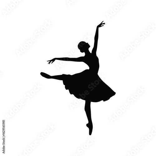 Elegant silhouette of a ballerina performing a graceful pose isolated on white background