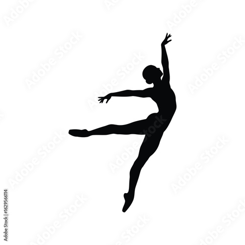 Graceful female ballet dancer in silhouette performing an arabesque pose isolated on white background