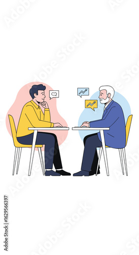 Two people of different ages are sitting at a table talking and sharing ideas with each other in a friendly atmosphere