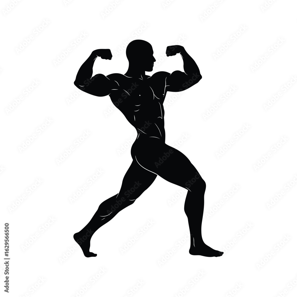 Fototapeta premium Silhouette of a muscular bodybuilder flexing muscles in a pose isolated on white background