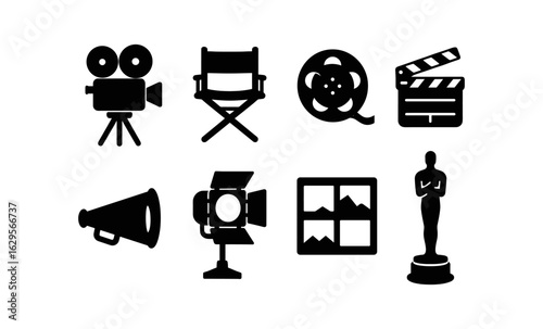 Cinema icon set: classic silhouette design featuring film, camera, reel, and more