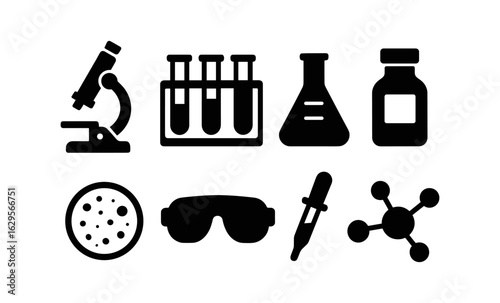Science icon set: lab equipment and molecular structures in black silhouette style
