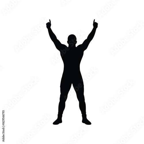 Triumphant man raising his arms in victory, celebration, success, achievement, silhouette, happy moment, cheering