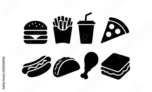 Silhouette icons of popular fast food items: burger, fries, pizza, and more
