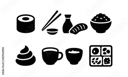 Minimalist japanese food icons set featuring sushi, rice, and tea