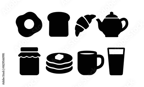 Silhouette breakfast icons: eggs, croissant, toast, tea, jam, pancakes, coffee, juice