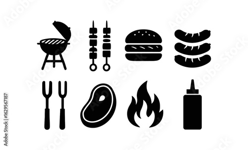 Barbecue essentials: grill, skewer, burger, sausage icons in silhouette style