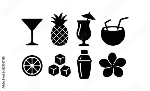 Silhouette tropical drinks and fruits icons for summer design