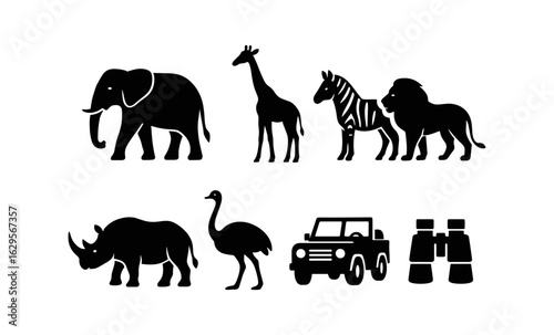 Silhouette safari animals and equipment in black and white