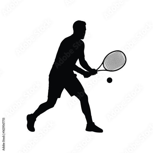 Silhouette of a male tennis player hitting a forehand shot with a tennis ball isolated on white background