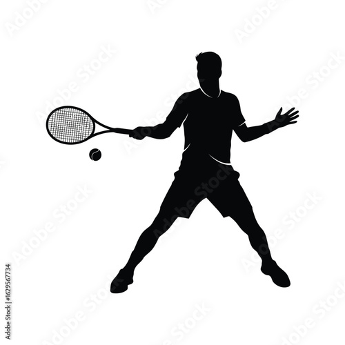 Silhouette of a male tennis player hitting a forehand shot with a racket and ball isolated on white background