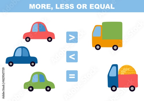 Choose more, less or equal. Task with cars and trucks. Educational game for children