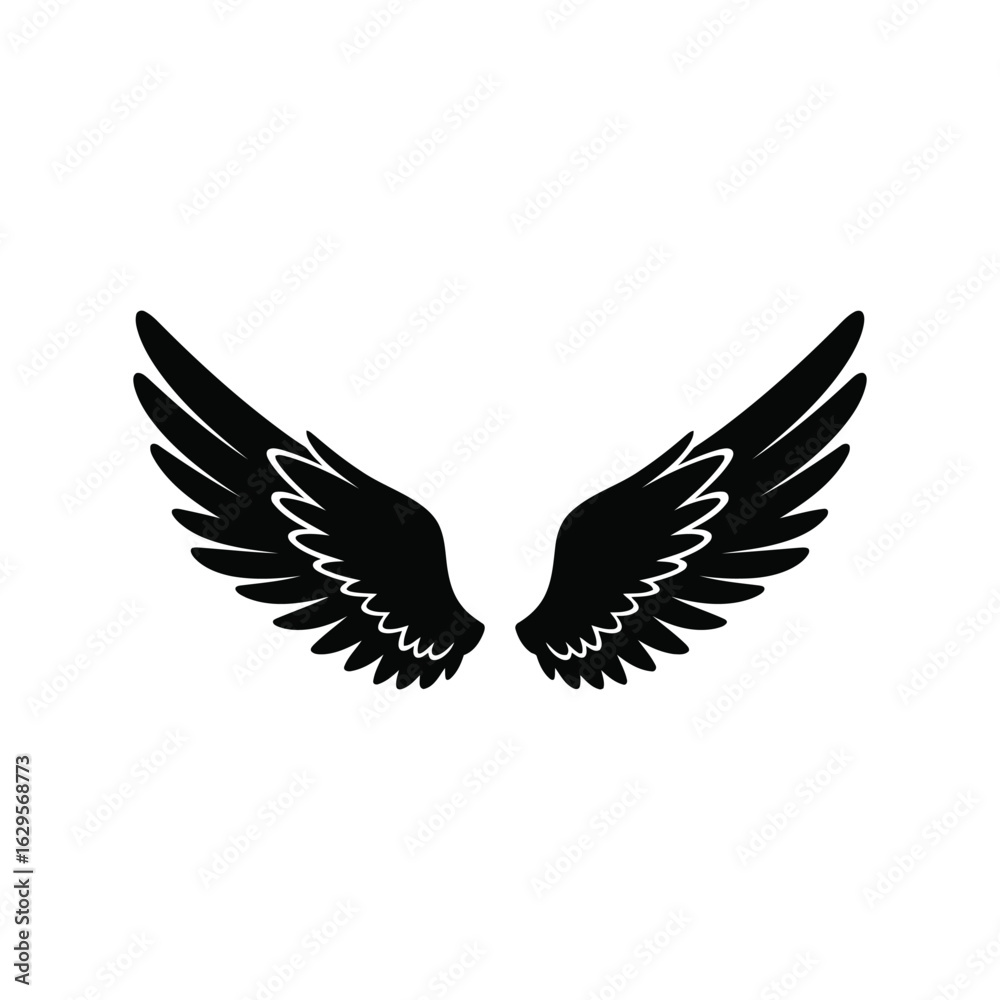 Naklejka premium Pair of detailed black angel wings spread open isolated on white background