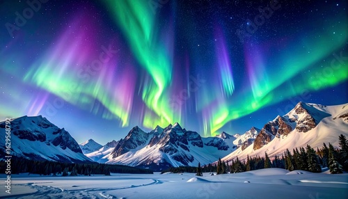 Aurora Borealis Over Snowy Mountains