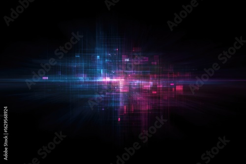 Futuristic abstract grid distortion with neon blue and magenta glitch elements on matte black