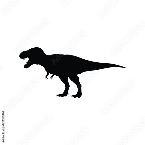 Black silhouette of a tyrannosaurus rex dinosaur standing on a white background isolated on white background