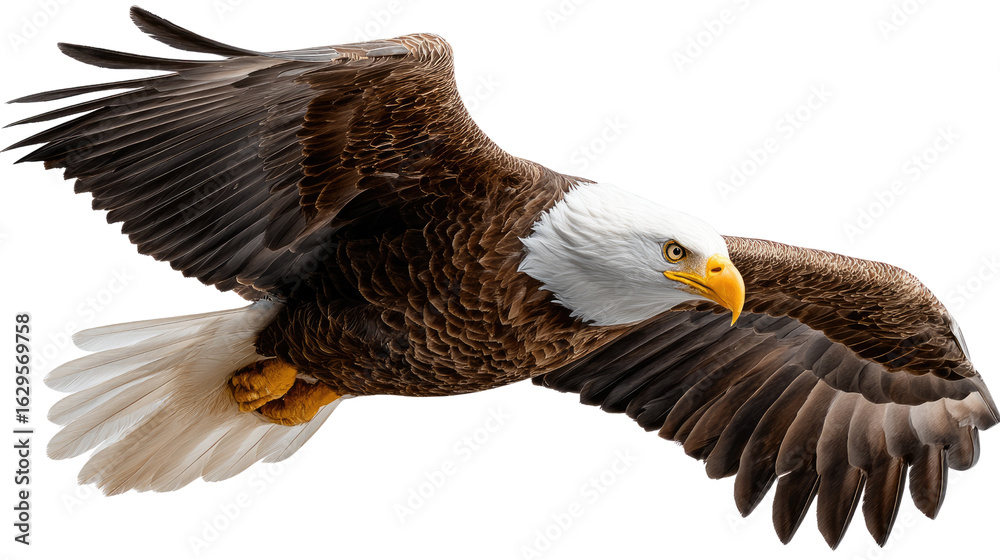 Obraz premium Majestic Soaring Bald Eagle: A powerful bald eagle glides gracefully through the air with its expansive wings spread wide, embodying freedom and strength in a vibrant, photorealistic depiction.