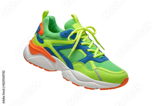 Tableau sur toile Isolated Vibrant Neon Green and Blue Athletic Sneakers with Orange Accents, Perf