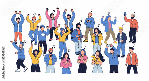 Diverse crowd enjoying music together with joyful expressions and dance moves, celebrating life through harmony and rhythm as melodic notes fill the