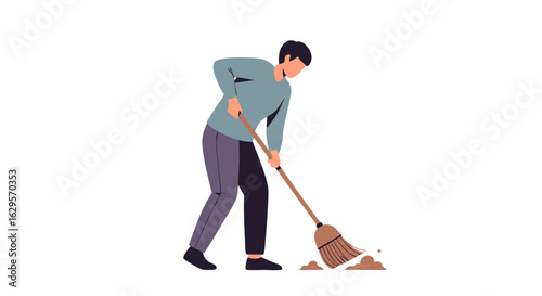 Illustration of a focused male figure sweeping with a broom, promoting cleaning and household chores with stylized simplicity