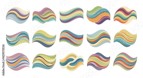 Dynamic collection of abstract multicolored wave shapes for creative design elements and artistic backgrounds featuring smooth flowing lines and
