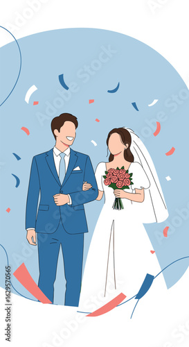 A happy newlywed couple walking arm in arm under falling confetti celebrating their wedding day together