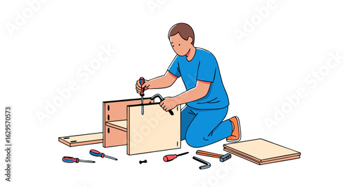 Illustration showing a focused man assembling furniture with precision, demonstrating home improvement and do-it-yourself skills with various tools