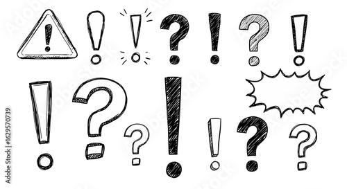 Handdrawn Sketchy Black Exclamation Question Marks Warning Sign Speech Bubble Set.
