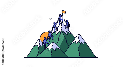 Teamwork and perseverance concept featuring people climbing a mountain with flag reaching the summit illustrating leadership and success